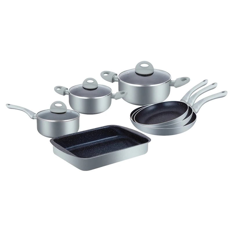Herzberg HG9016-SL Cookware Set, Induction Saucepan and Frying Pan Set, Vented Glass Lids, Marble Coated Cookware Set, 10 Pieces