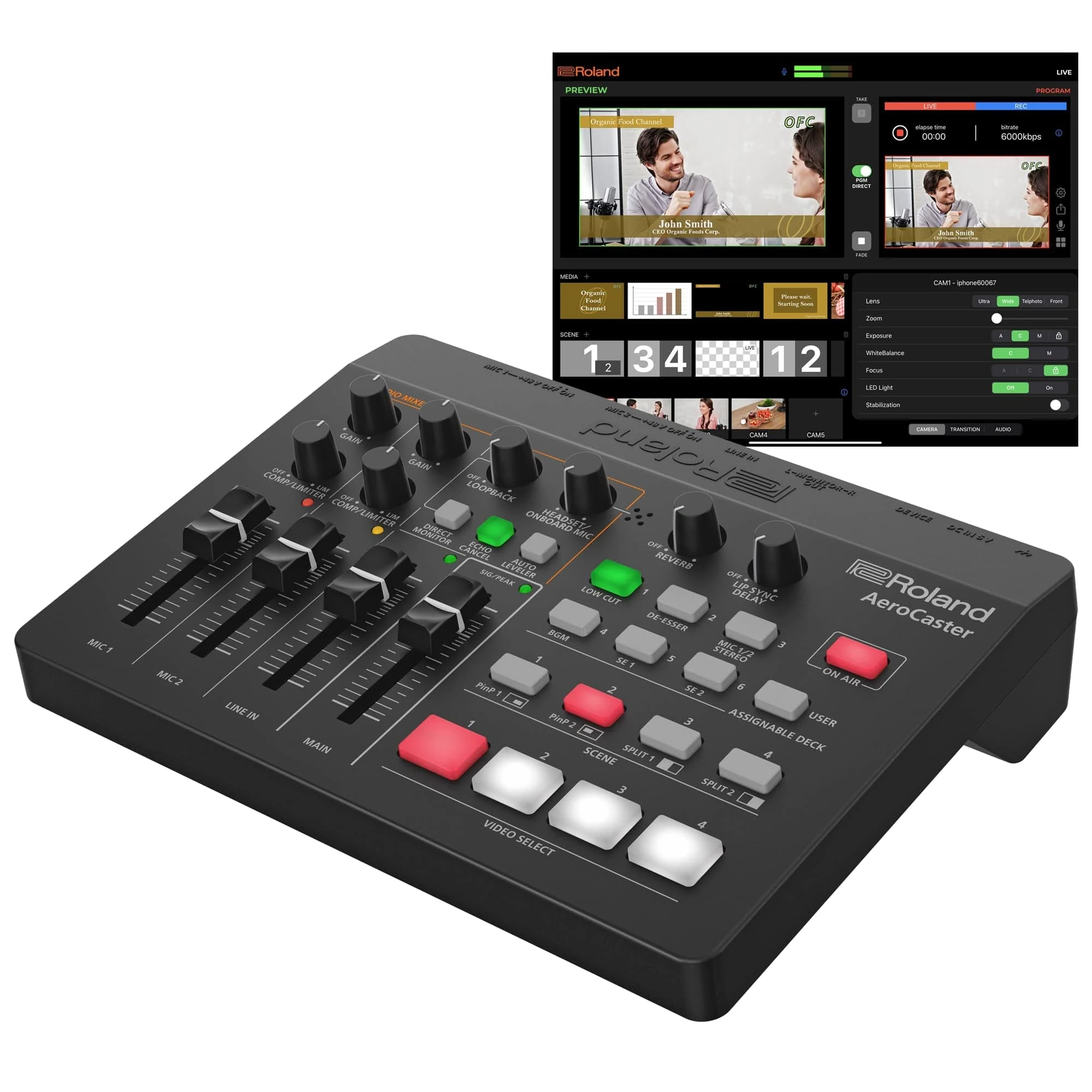 Roland AeroCaster Live Streaming System – Powerful wireless multi-camera production solution with hardware controller/audio interface and full-featured iPad app