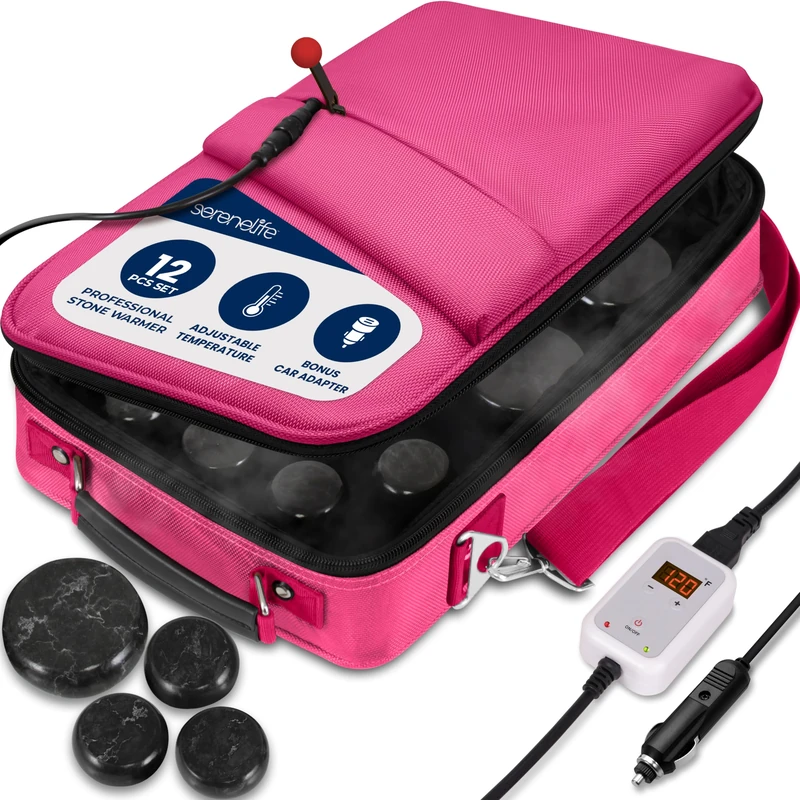 SereneLife Hot Stone Massage Set – 12-Piece Set with Portable Pink Travel Bag & Digital Temp Control, Basalt Rock Spa Set for Relaxation, Recovery, Home Therapy, Athletes & Professionals