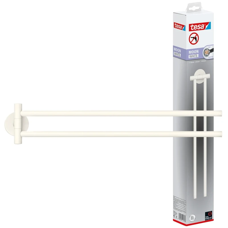 tesa MOON WHITE Towel Holder 2-arm, matt white, for bathroom and WC - for bathrooms in industrial and modern style - drill-free, incl. adhesive solution - 84 mm x 50 mm x 456 mm