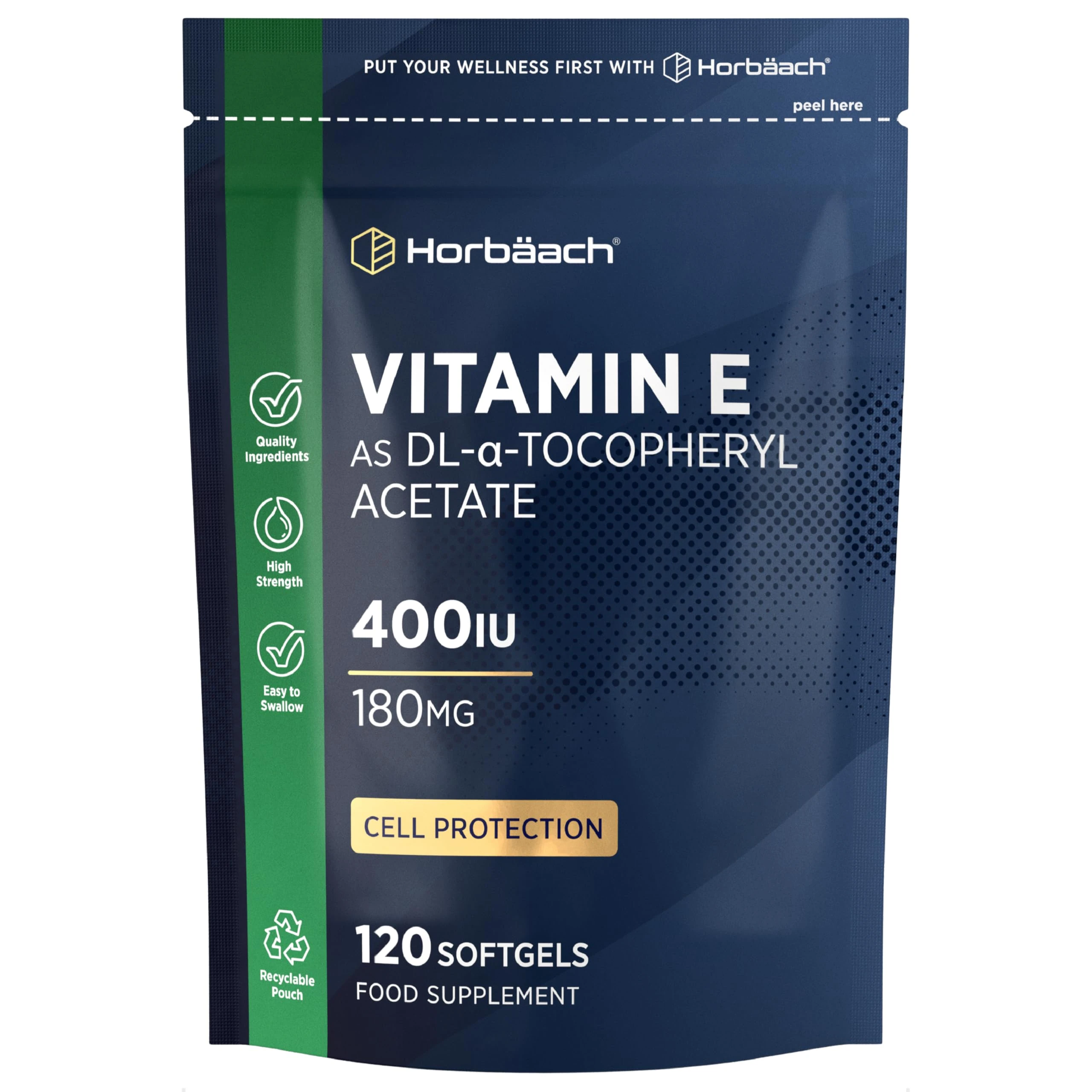 Vitamin E Capsules 400iu | 120 Count | High Strength Vitamin E as DL-a-Tocopheryl Acetate | Protection of Cells from Oxidative Stress | by Horbaach