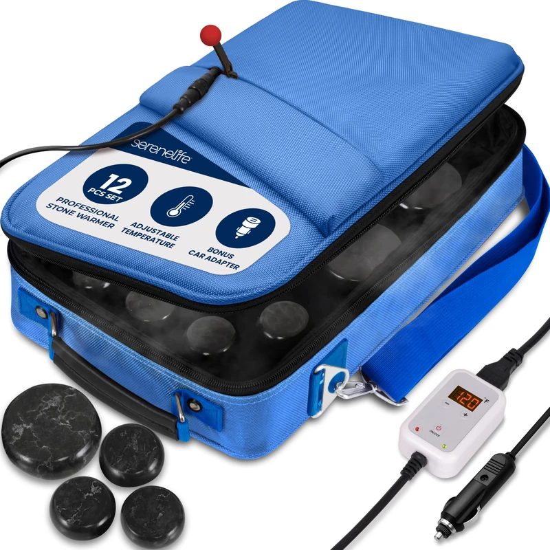 SereneLife Hot Stone Massage Set – 12-Piece Set with Portable Blue Travel Bag & Digital Temp Control, Basalt Rock Spa Set for Relaxation, Recovery, Home Therapy, Athletes & Professionals