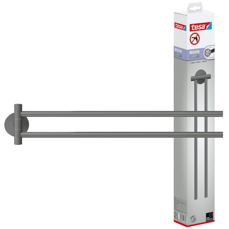 tesa MOON GREY Towel Holder 2-arm, matt grey, for bathroom and WC - for bathrooms in industrial and modern style - drill-free, incl. adhesive solution - 84 mm x 50 mm x 456 mm