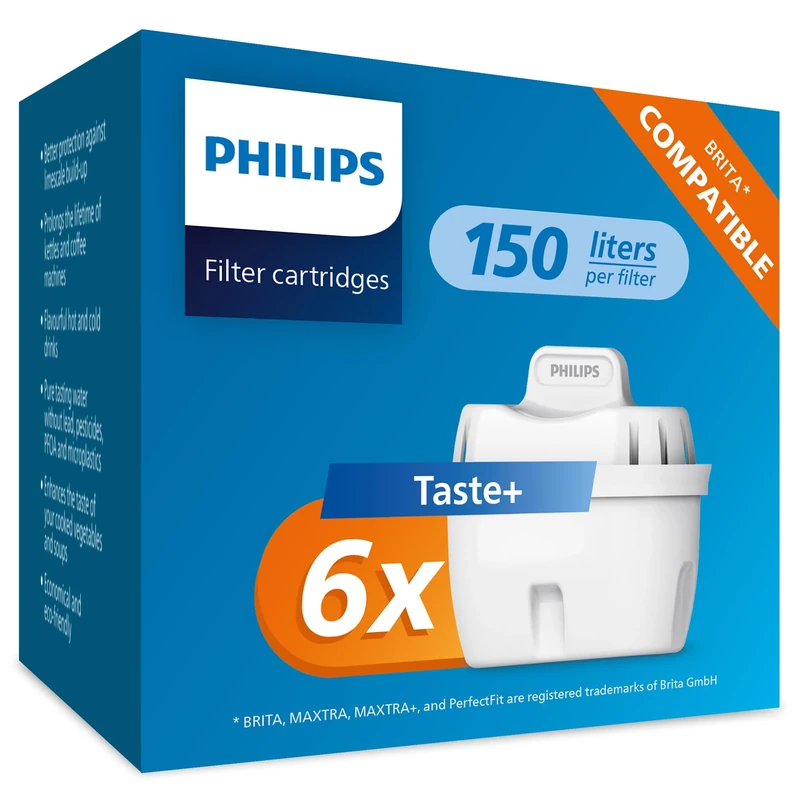Philips Water Replacement Filter Cartridges Taste+, 6-Pack, Reduces MICROPLASTICS, Chlorine, LIMESCALE, Heavy Metals, Packaging May Vary, Compatible with Brita*