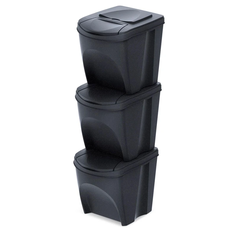 Set of 3 Rubbish Bins, Waste Separation System, Waste sorter, Sorting Box, Plastic, Anthracite, 39.2 x 29.3 x 33 cm - Image 1