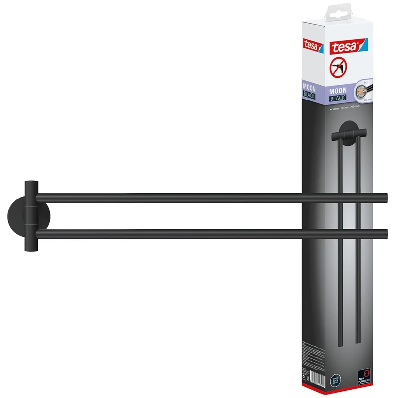 tesa MOON BLACK Towel Holder 2-arm, matt black, for bathroom and WC - for bathrooms in industrial and modern style - drill-free, incl. adhesive solution - 84 mm x 50 mm x 456 mm