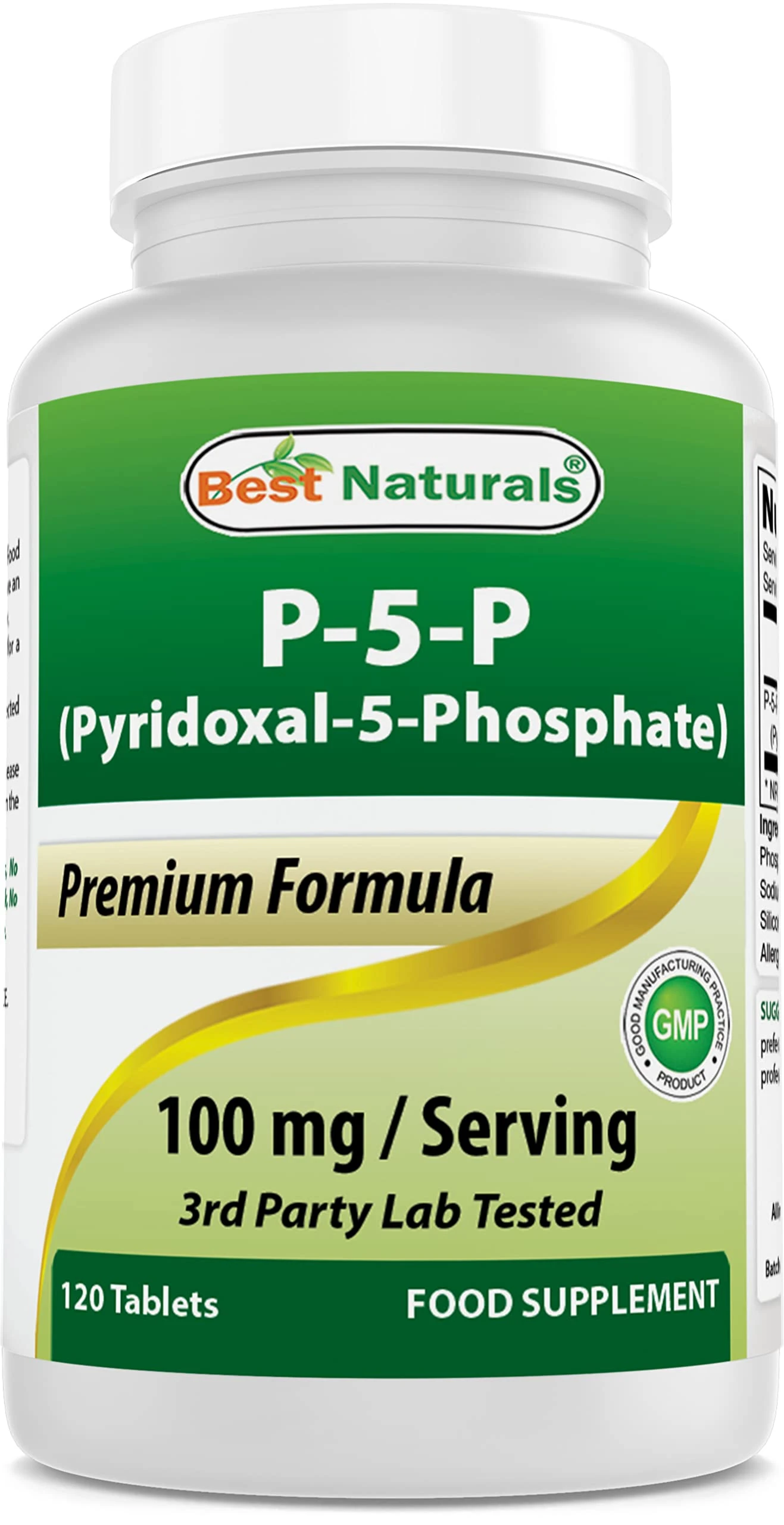 Best Naturals P5P Vitamin B6 (Pyridoxal 5 Phosphate) 100 mg/Serving - 120 Tablets - an Active Form of Vitamin B6.