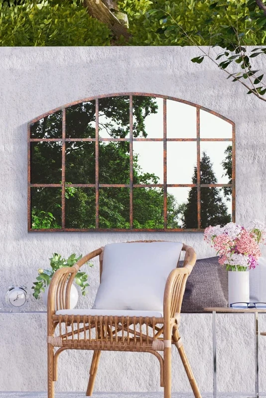 MirrorOutlet Large Metal Rustic Arched Shaped Window Garden Outdoor Mirror New 90cm X 56cm, Brown, (GM071)