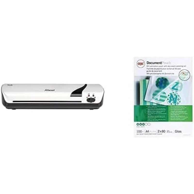 Rexel Style A4 Home and Office laminator, White with GBC IB585036 A4 2x80 Micron Gloss Laminating Pouches, Pack of 100