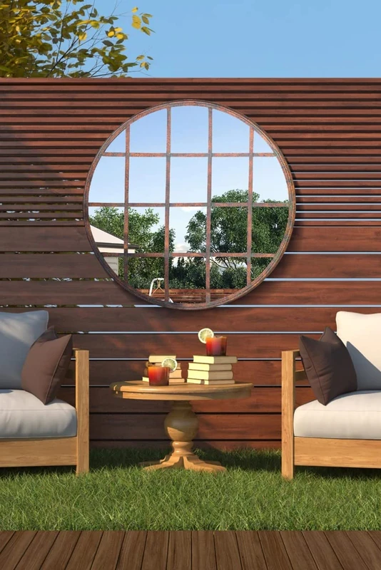 MirrorOutlet Large Metal Rustic Round Shaped Window Garden Outdoor Mirror 80cm X 80cm, Brown, GM073