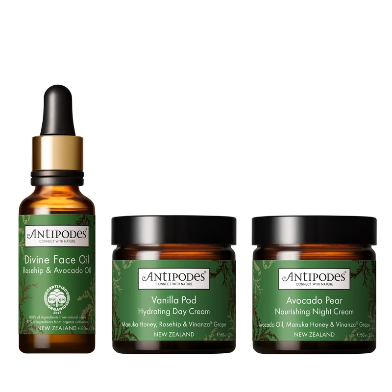 Antipodes® Anti-Aging Trio – Collagen Cream – Anti-Aging Serum – Moisturiser for Dry Skin - Natural Skincare Set