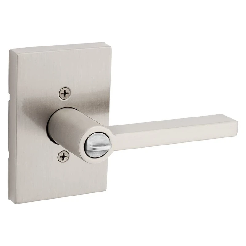 Kwikset Halifax, Door Handle Lever SmartKey Re-Key Security Keyed Entry Lock with Microban, Rectangular Rose in Satin Nickel