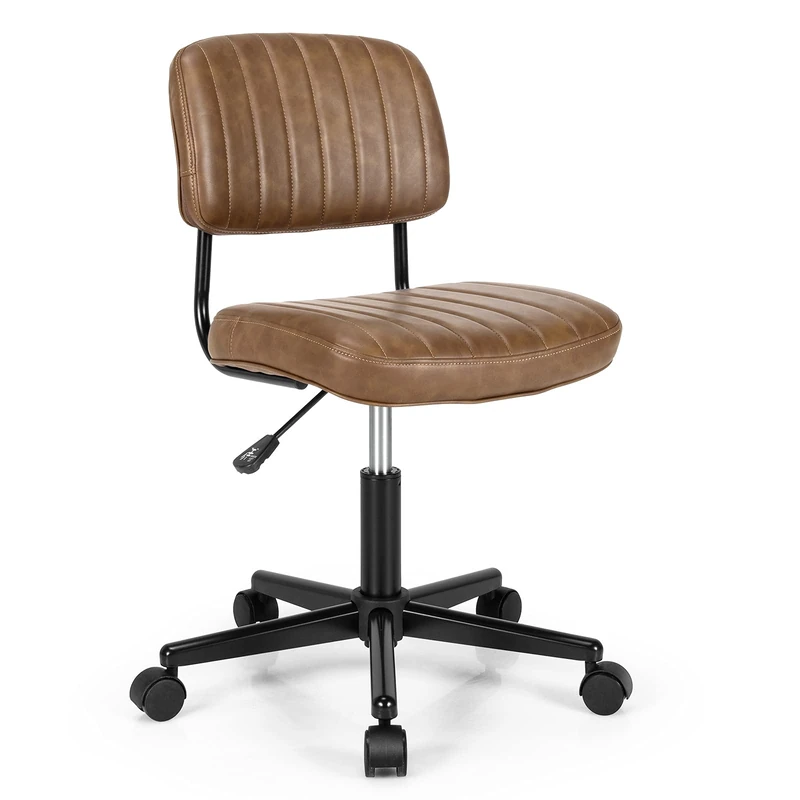 CASART Swivel Office Chair, PU Leather Ergonomic Armless Chair with 5 Rolling Casters, Height Adjustable Mid-Back Seat Task Chairs for Home Office (Brown, 53 x 53 x 75-86cm)