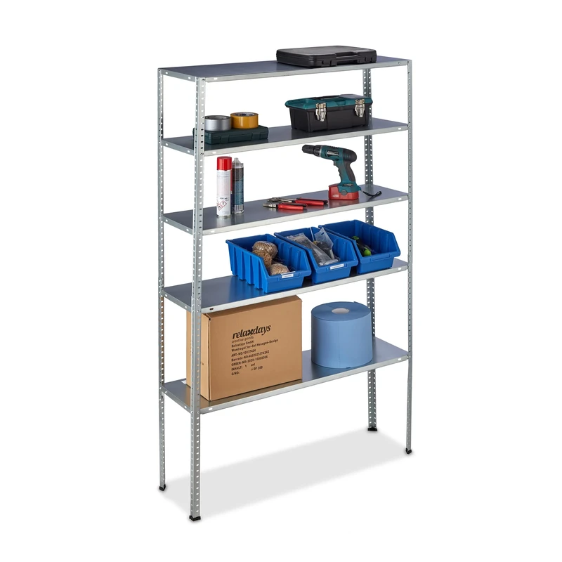Relaxdays Heavy Duty Unit, Max. Load 250 kg, 5 Shelves, 185x100x30 cm, Garage Storage, Galvanised Steel, Silver