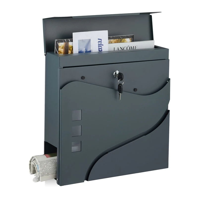 Relaxdays Wall-Mounted Letterbox, Newspaper Compartment, 37x37x11 cm, 2 Keys, Steel, Elegant Design, Matt Charcoal Grey