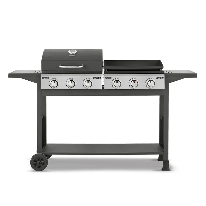 Tower Goucho, 6 Burner Gas BBQ and Plancha with Precision Heat Thermometer and Waterproof Cover, Black, T978544