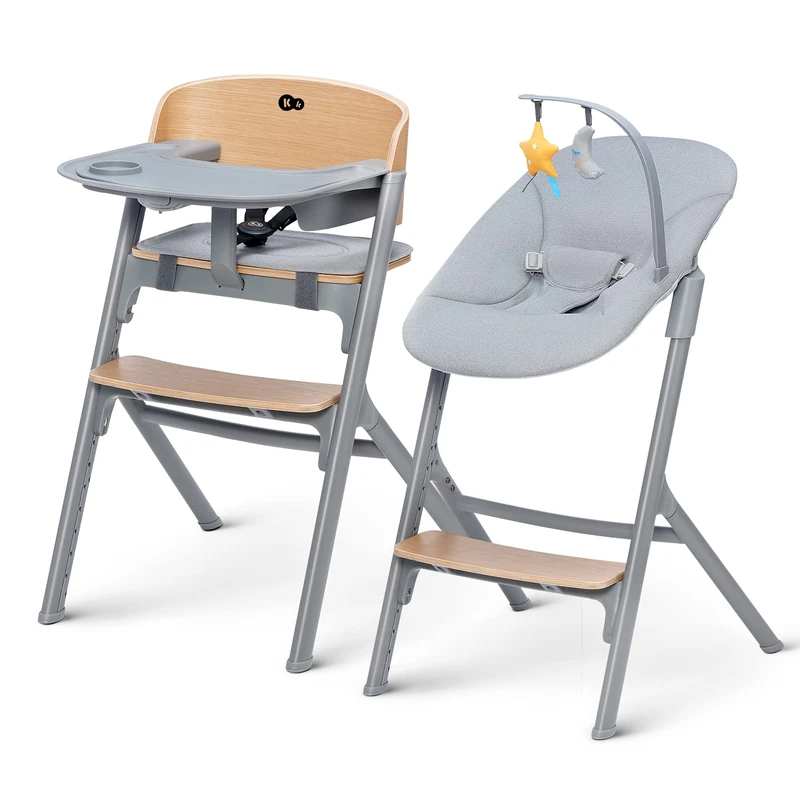 Kinderkraft Livy Highchair with Bouncer, from Birth 0-9 kg to 110 kg, 4-Height + 3-Depth Adjustment, Ergonomic Posture Support, Stable Steel/Aluminium Frame, Harness, BPA-Free Tray Insert, Wood