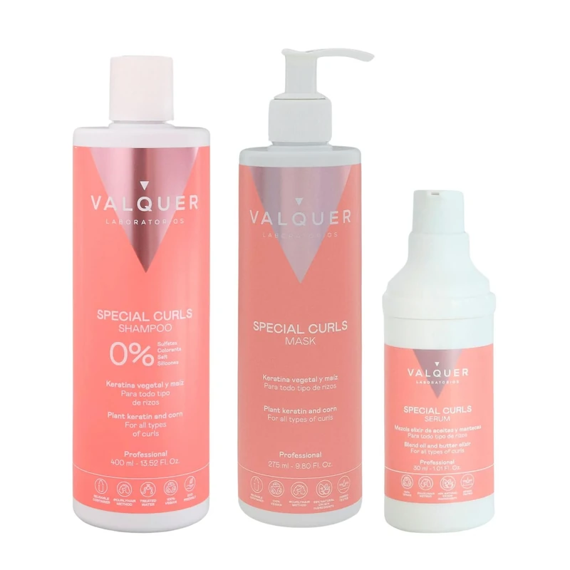 VALQUER Curly Hair Care Set. Shampoo 400 ml, Mask 275 ml and Serum 30 ml for Defined Curls, Curly Method Friendly with Plant Keratin and Corn-Derived Active, Vegan