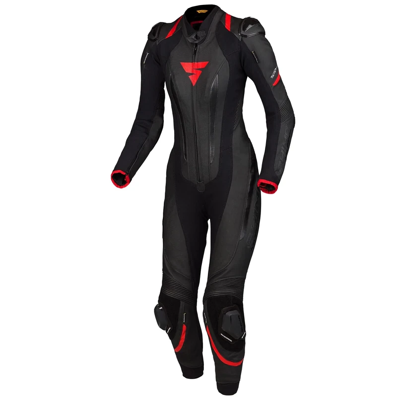 SHIMA MIURA RS Motorbike Suit for Women - Leather 1-Piece, Sport, Racing Suit, Ventilated with Shoulder & Knee Sliders, CE Back, Shoulder, Elbow Armor Pads, Reinforced Double Seams (42, Black/Red)