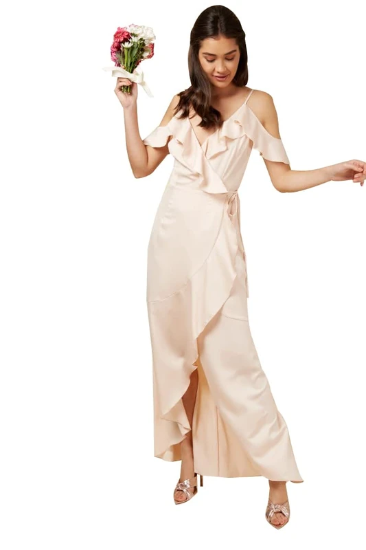 Little Mistress Women's Satin Frill Wrap Bridesmaid Maxi Dress, Size 12 UK, Cream