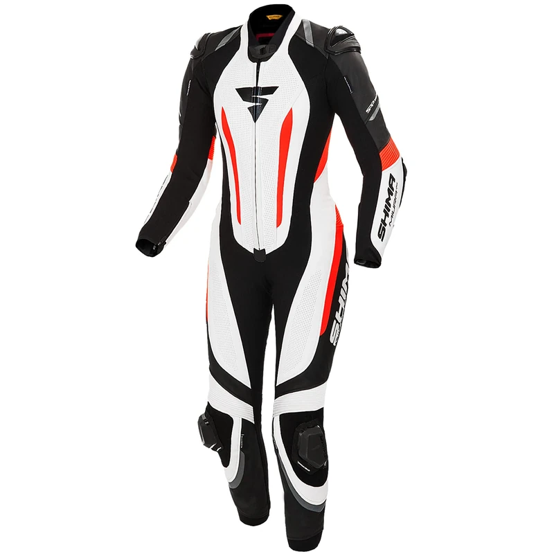 SHIMA MIURA RS Women's Motorcycle Suit - Leather 1-piece, Sport, Ladies Racing Suit, Ventilated with Shoulder & Knee Sliders, Back, Shoulder, Elbow Armor, Reinforced Double Stitching (White/Fluo, 42)