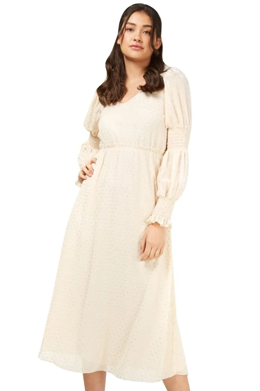 Little Mistress Women's Meryl Cream and Gold Spot Puff Sleeve Midaxi Dress, Natural, 16 UK