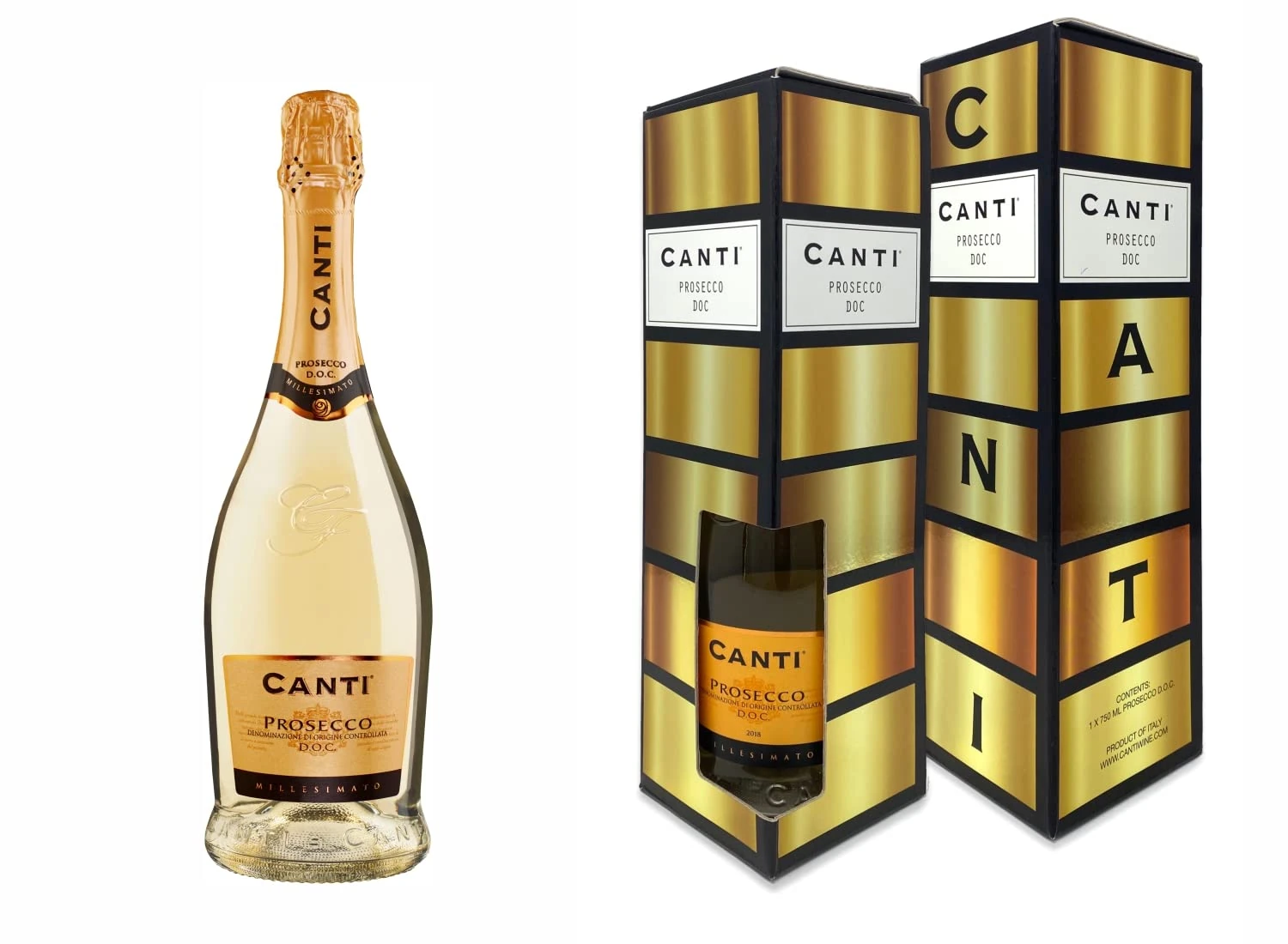 Canti - Prosecco D.O.C. Extra Dry Millesimato Wine Gift Pack, Italian Glera Grape Variety from Veneto, Fruity and Floral Taste, 1x750 ml