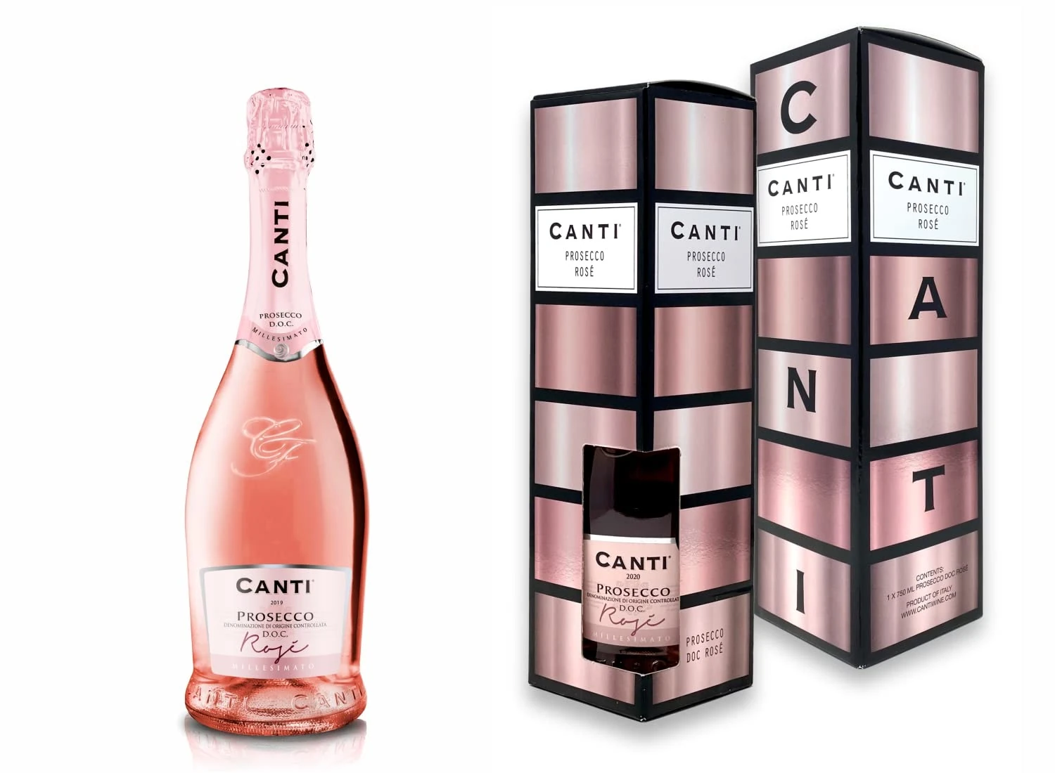 Canti - Prosecco D.O.C. Millesimato, Rose Sparkling Extra Dry, Wine Gift Pack, Italian Glera and Pinot Noir Grape Varieties from Veneto, Fresh and Sweet Taste, 1x750 ml