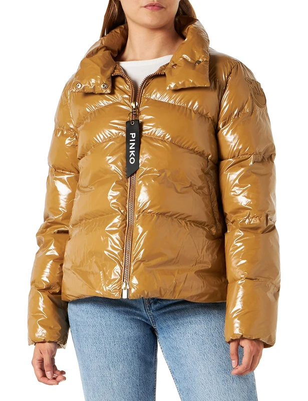 Pinko Women's Mirco 3 Caban Crystal Nylon Pea Coat, Cl6_Camel/Gold, UK 16