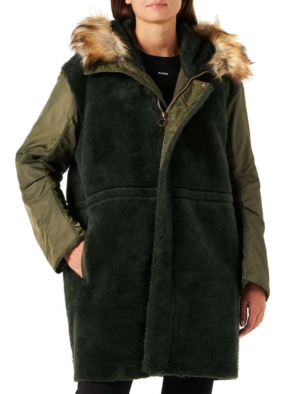 Pinko Women's Paquita Parka Simil Sheepskin, X18_Green Military, L