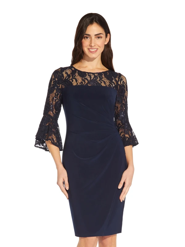 Adrianna Papell Womens Bell Sleeve Stretch Lace and Crepe Cocktail Dress, Midnight, 14