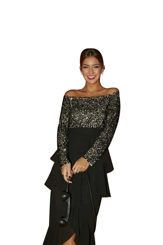 Little Mistress Women's Amirah Embellished Bardot Frill Midi Dress, Size 6 UK, Black