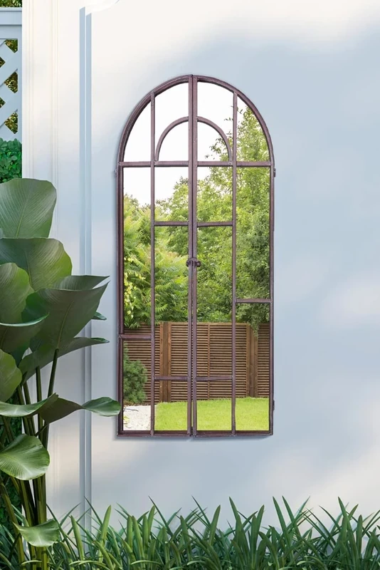 MirrorOutlet Large Metal Rustic Arched Shaped Window Garden Outdoor Mirror Opening 100cmX50cm, Brown,GM075