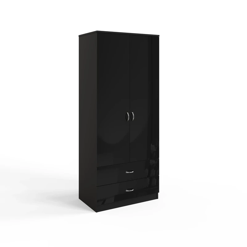 FWStyle 2 Door 2 Drawer Combinaiton Black Wardrobe, High Gloss Modern Bedroom Furniture & Storage