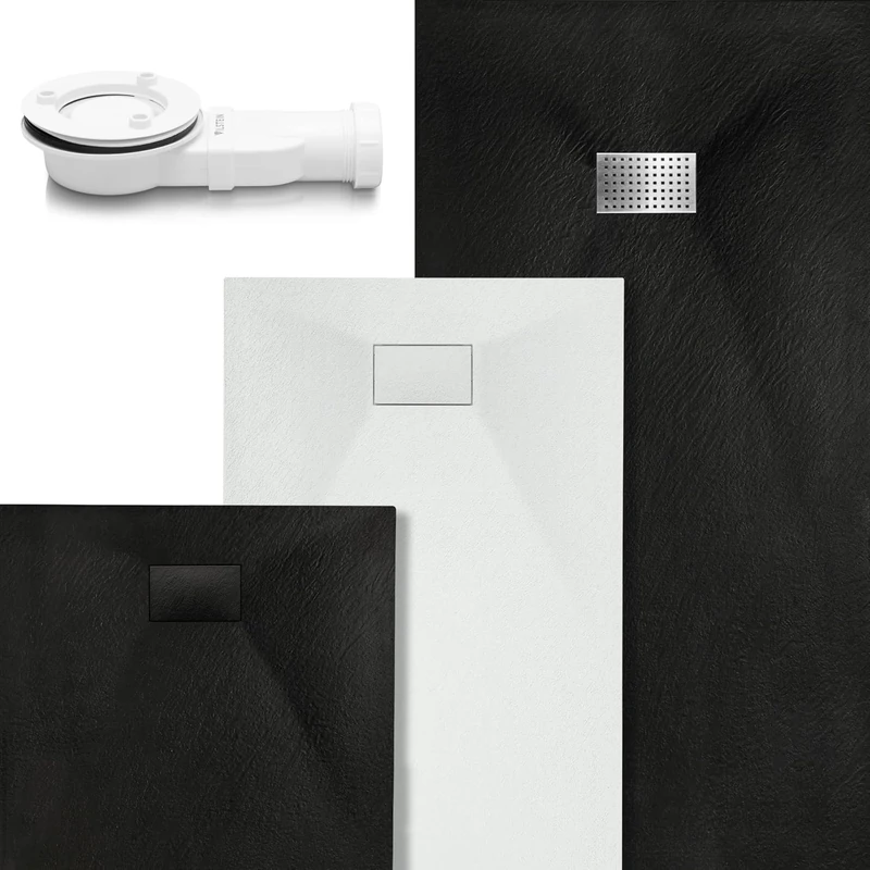 VILSTEIN Shower Tray 120 x 70 cm Stone Look Slate Look Design Shower Tray Flat Non-Slip Black Includes Standard Cover