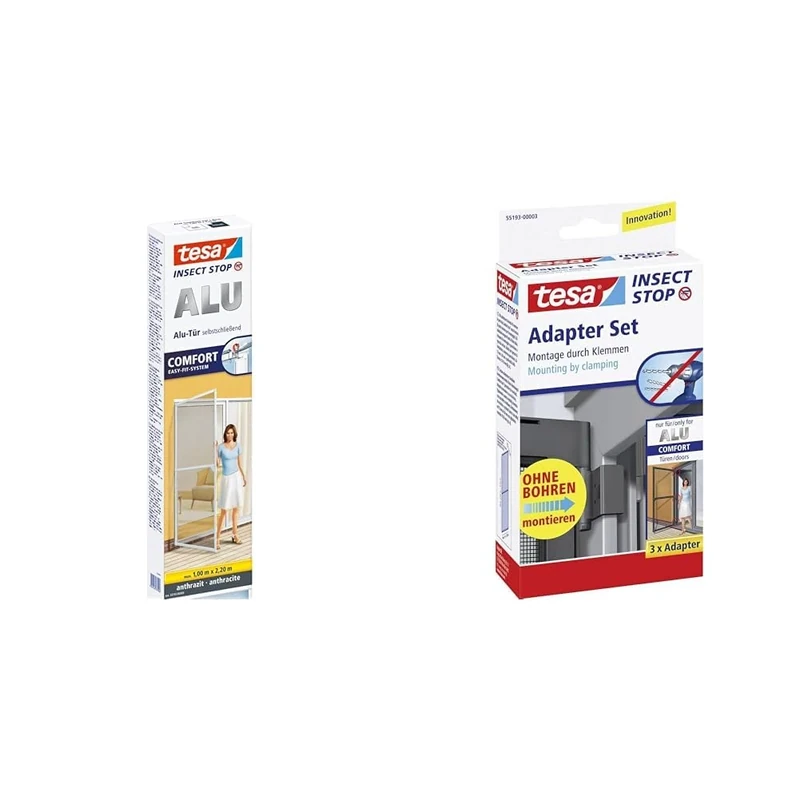 tesa Insect Stop ALU COMFORT fly screen for doors - insect screen with aluminum frame & Clear View - anthracite, 100 cm x 220 cm + tesa Insect Stop fly screen adapter set anthracite