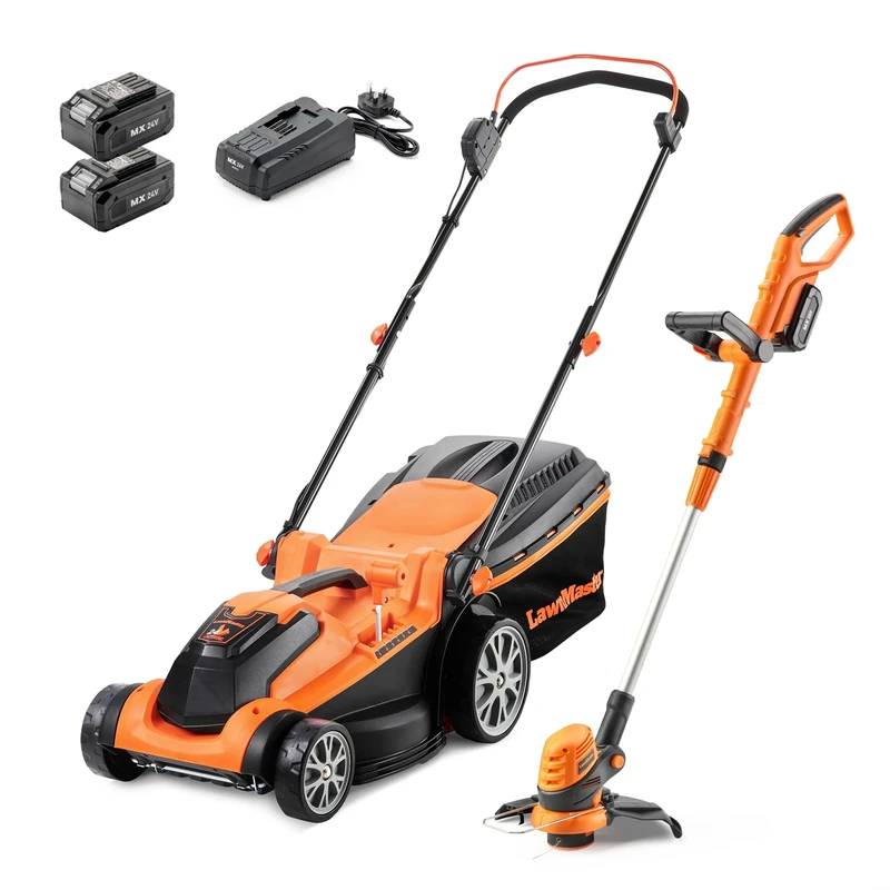 LawnMaster MX 24V Cordless 37cm Lawnmower and 25cm 3-in-1 Grass Trimmer - Rear Roller, Cutting and Edging, 2x MX 24V 4.0Ah Lithium Ion Batteries and Fast Charger (37cm Mower & Trimmer)
