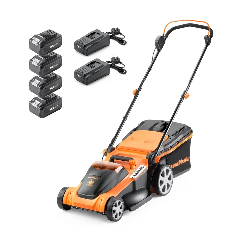 LawnMaster 48V 41cm Cordless Lawnmower with Spare MX 24V 4.0 Ah Batteries and 2x Fast Chargers - with Edging Comb, Rear Roller and Mulching Function - For Large Lawns