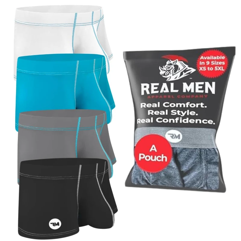 Real Men - Mens Bulge Pouch Boxer Brief Nylon Ice Silk 4 Pack - Well Endowed Enhancing Underwear, White Black Grey Cyan, Large
