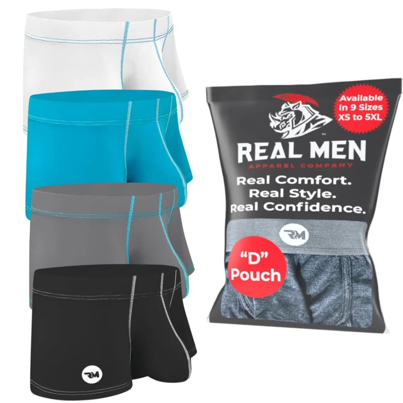 Real Men - Mens Bulge Pouch Boxer Brief Nylon Ice Silk 4 Pack - Well Endowed Enhancing Underwear, White Black Grey Cyan, Medium
