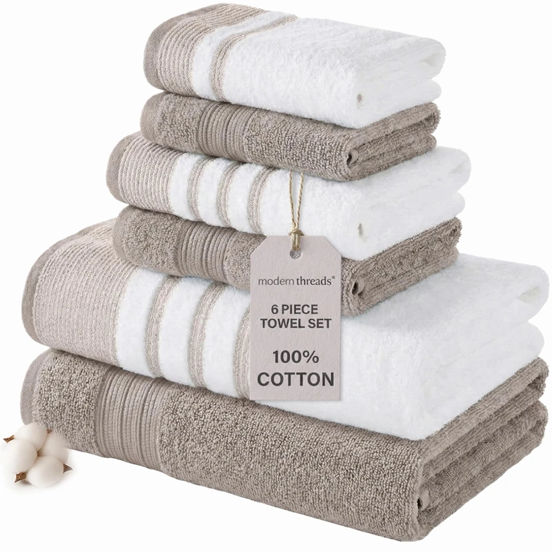 Modern Threads 6 Piece Set, 2 Bath Towels, 2 Hand Towels, 2 Washcloths, Quick Dry White/Contrast Reinhart Tan