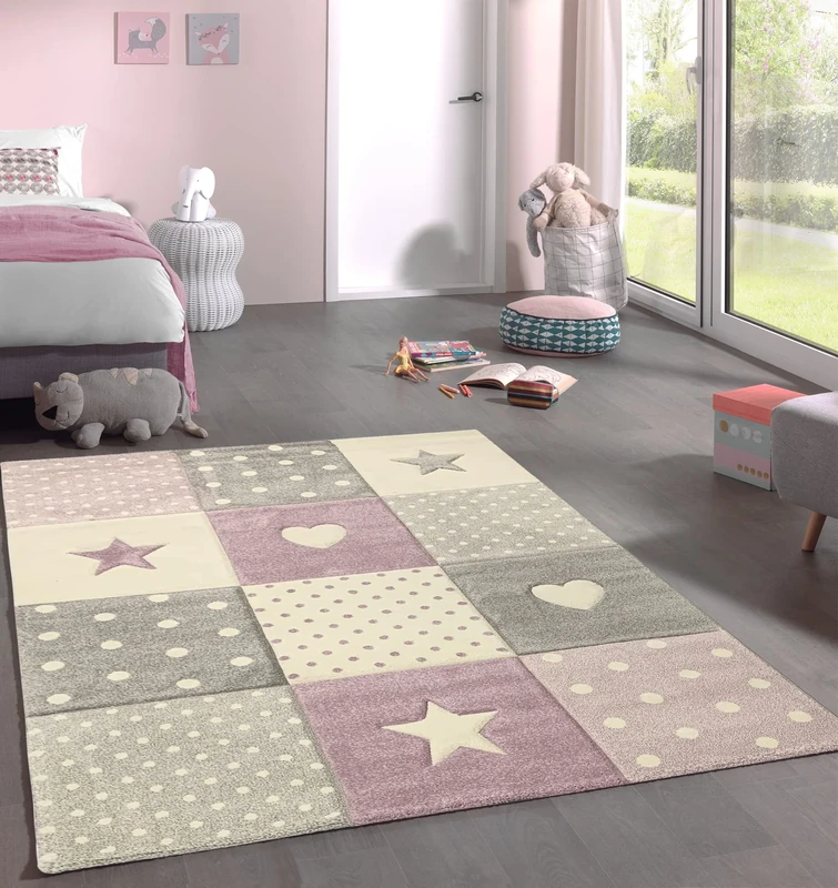 Mia's Marie Children's Rug, Boys & Girls, Pastel, Modern, Chequered, Dots, Hearts, Purple, 160 x 230 cm