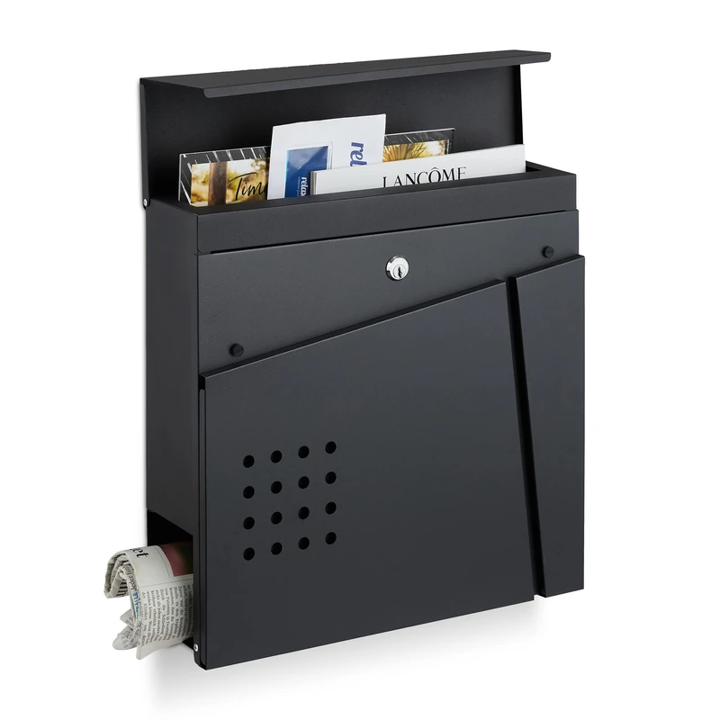 Relaxdays Mailbox with Newspaper Compartment, HxWxD 37 x 37 x 11 cm, 2 Keys, Steel, Modern Edgy Design, Matt Black