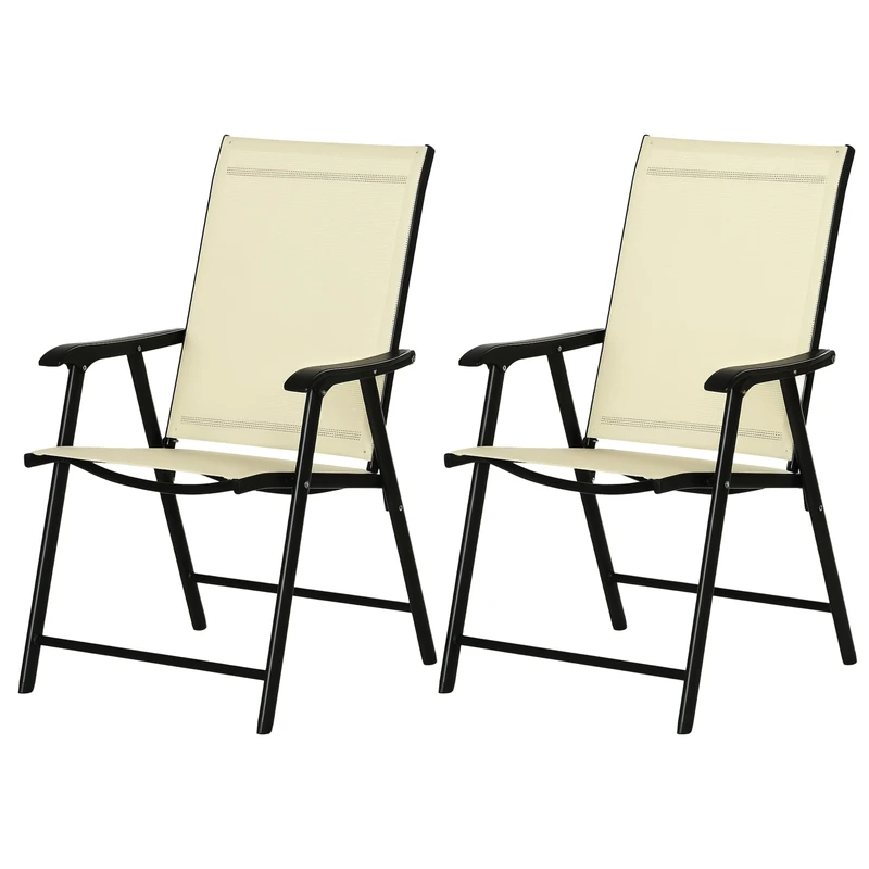 Outsunny Set of 2 Folding Garden Chairs, Metal Frame Garden Chairs Outdoor Patio Park Dining Seat with Breathable Mesh Seat, Beige