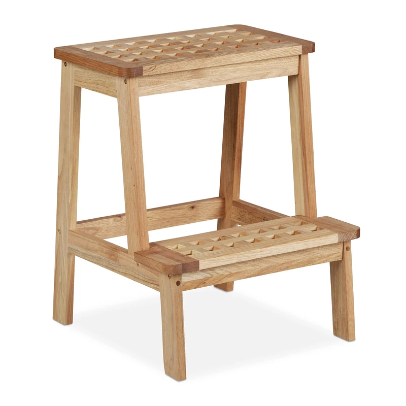 Relaxdays Stool, Walnut Wood, with 2 Steps, for Children, up to 60 kg, HWD: 47 x 38 x 38 cm, Plant Stand, Natural