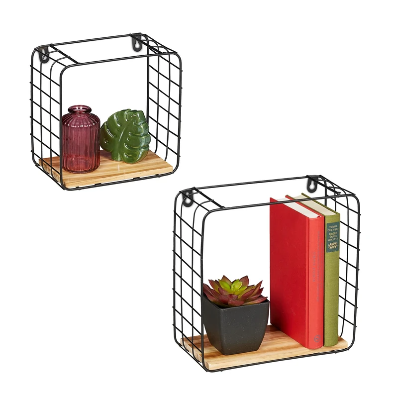 Relaxdays Floating Cube Shelves Set, 2-pcs, Wall Mounted, Metal & MDF, 2 sizes, in Industrial Design Black/Light Brown, Engineered Wood