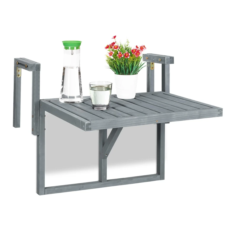 Relaxdays Folding Balcony, Hangs on Terrace Ledge, WXD: 60x45 cm, Height Adjustable, Small Deck Table, Wood, Grey, 55 x 70 x 65 cm