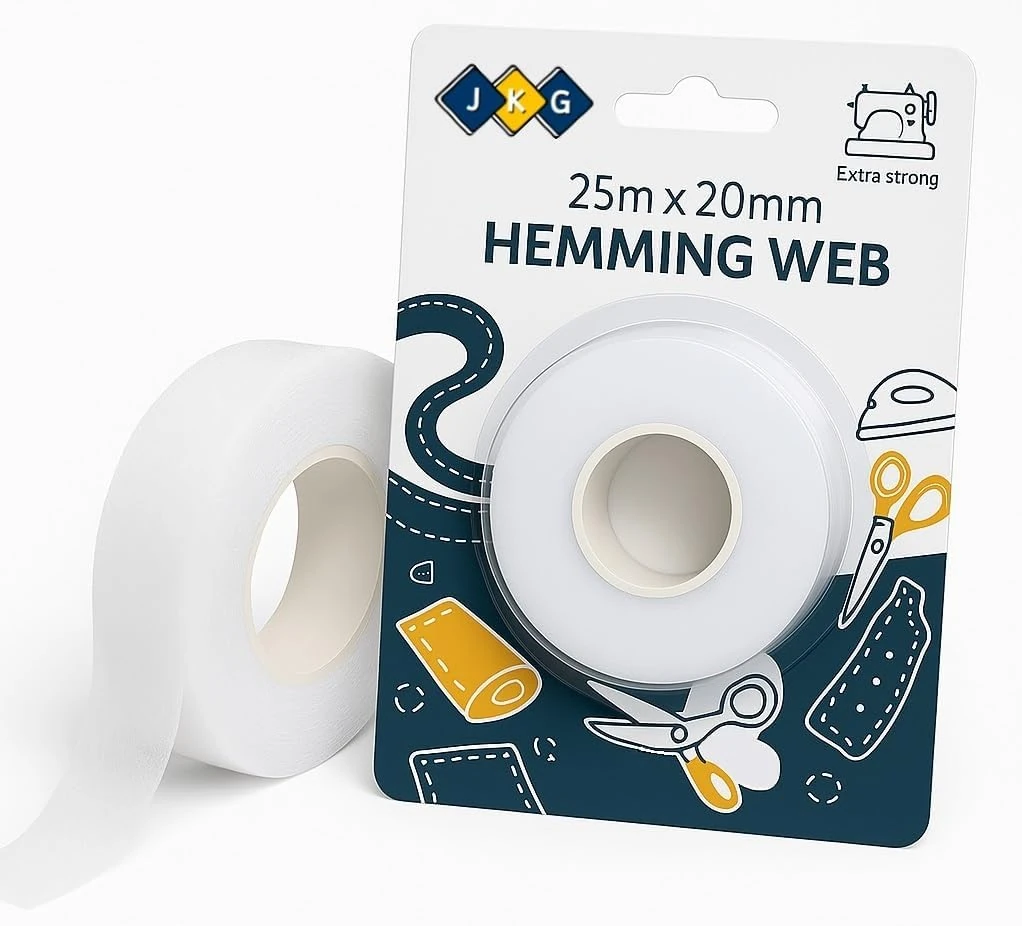 JKG® 25 meters IRON ON HEMMING WEB TAPE - EXTRA STRONG - Perfect for Ironing, Bonding, Patching clothing, Fabric fusing - School badges, trousers etc - NO SEWING REQUIRED (25m x 2cm)