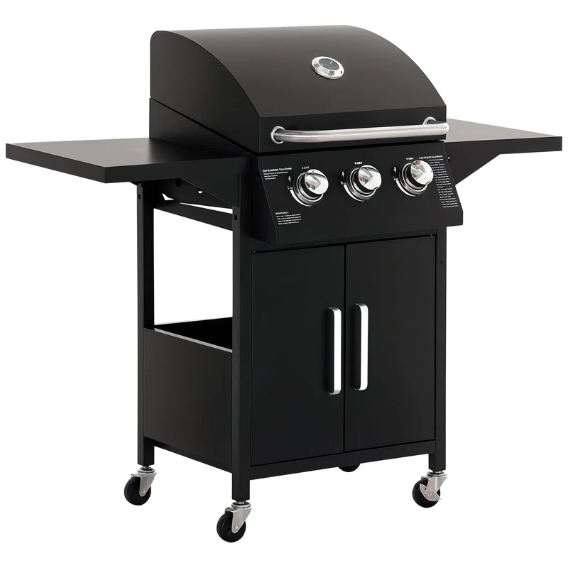 Outsunny 3 Burner Gas BBQ, Outdoor Grill, Portable Barbecue Trolley with Warming Rack, Side Shelves, Storage Cabinet, Thermometer, Carbon Steel, Black