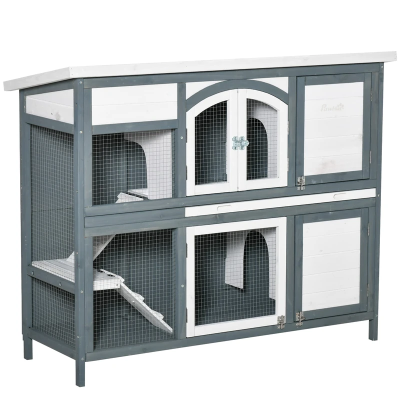 PawHut 2-Tier Wooden Rabbit Hutch and Guinea Pig Cage - Grey